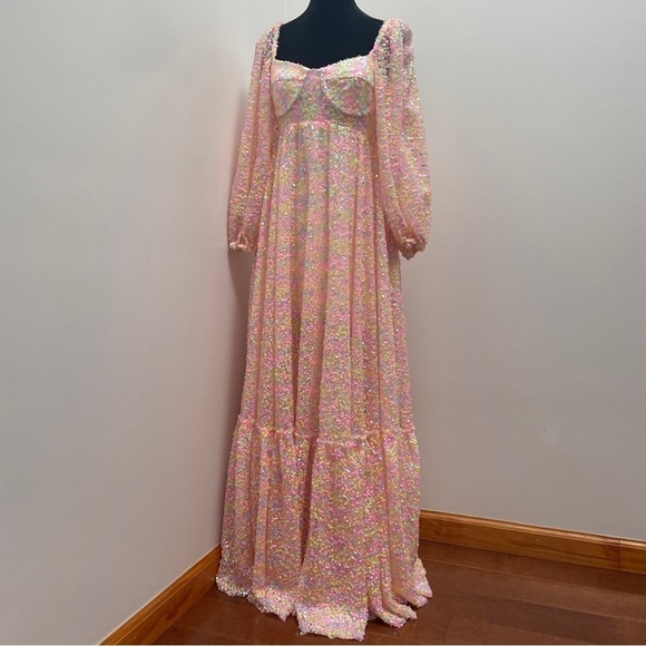 Selkie- Rainbow Sequin Princess Gown Size XS 3/4 Sleeve Sweetheart Maxi Dress - Picture 9 of 16